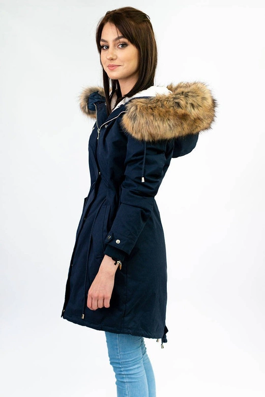 Zimowa damska parka z podpinką i kapturem granatowa (7626)