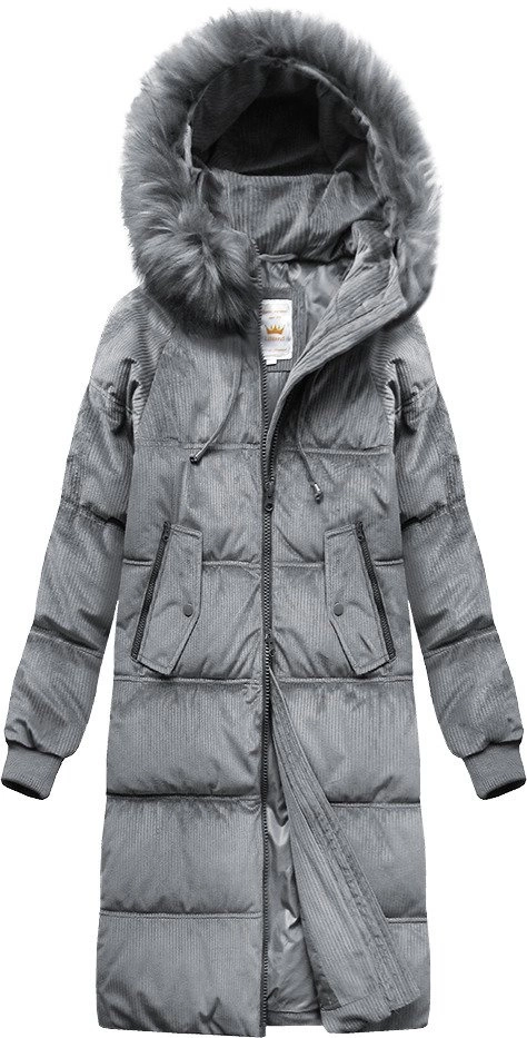 Zimowa sztruksowa kurtka damska z kapturem szara (7763)