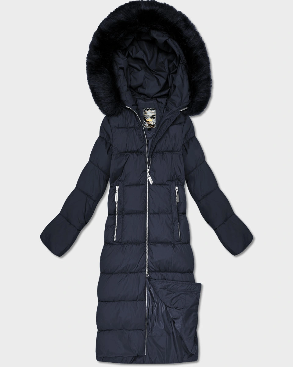 Długa damska kurtka zimowa z kapturem granatowa (7688BIG)