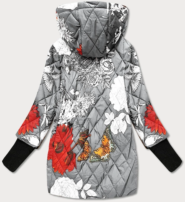 DAMSKA KURTKA W KWIATY SZARA (7703)