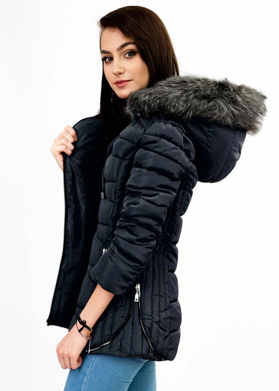 PIKOWANA ZIMOWA KURTKA DAMSKA Z KAPTUREM GRANATOWA (B2631)