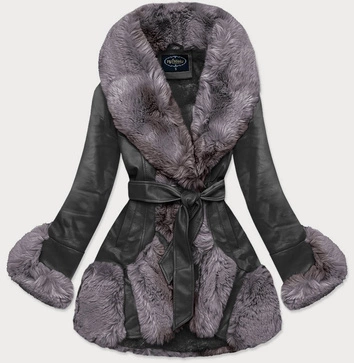 ELEGANCKA KURTKA SKÓRZANA Z FUTRZANYM KOŁNIERZEM CZARNO-SZARA (FL202018)