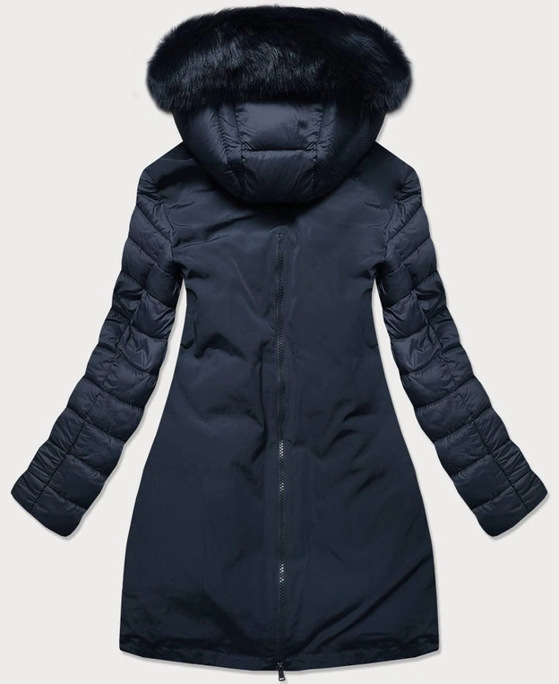 Zimowa kurtka damska z łączonych materiałów granatowa (7708)