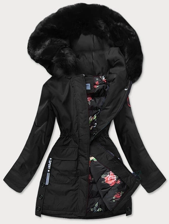 KURTKA ZIMOWA DAMSKA Z OZDOBNĄ PODSZEWKĄ CZARNA (B9577-1)