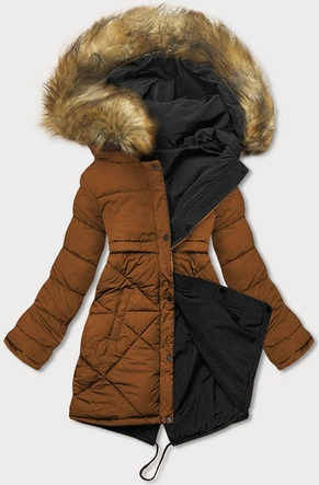 Dwustronna zimowa kurtka damska czarno-karmelowa (m-136)