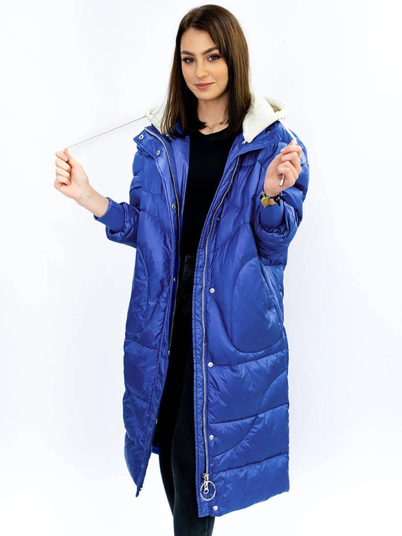 ZIMOWY PŁASZCZ DAMSKI OVERSIZE Z PUCHEM NATURALNYM NIEBIESKI (17127)