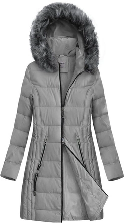 PIKOWANA DAMSKA ZIMOWA KURTKA Z KAPTUREM SZARA (B9501)