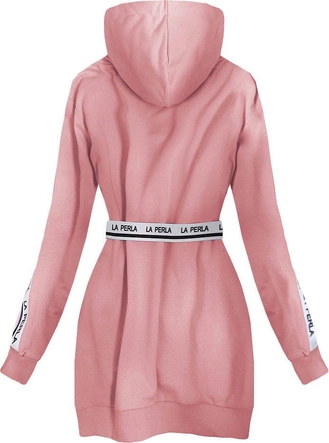 DŁUGA BLUZA Z PASKIEM PUDROWY RÓŻ (568ART)