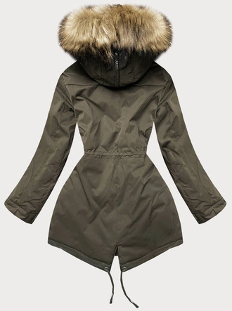 Pikowana zimowa kurtka damska z futerkiem khaki (m-137)