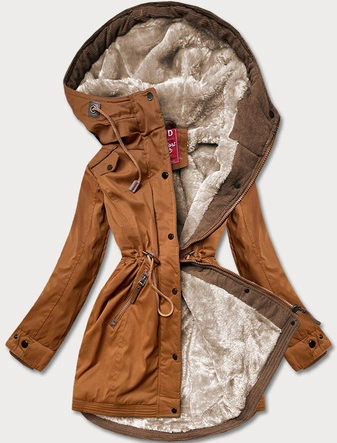 ZIMOWA PARKA DAMSKA Z WSTAWKAMI Z EKOSKÓRY KARMELOWA (2M-21A93)