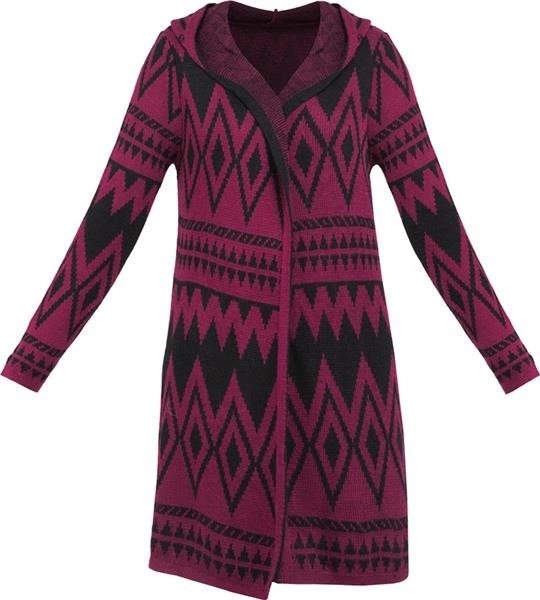 KARDIGAN W AZTECKIE WZORY BORDOWO-CZARNY (5608)