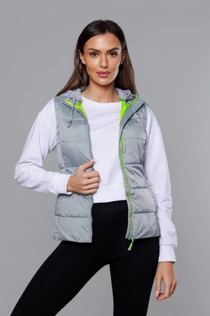 Kamizelka damska z dzianinowym kapturem szaro-limonkowa (DW-21604)