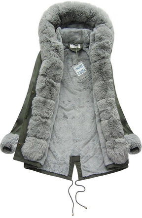 BAWEŁNIANA PARKA DAMSKA ZIMOWA Z FUTREM KHAKI-SZARA (K720)