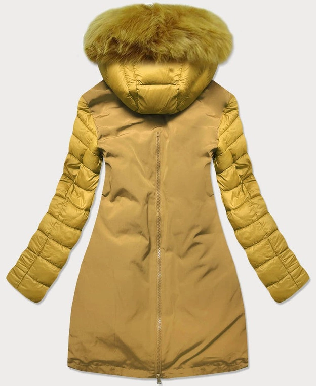 Zimowa kurtka damska z łączonych materiałów żółta (7708)