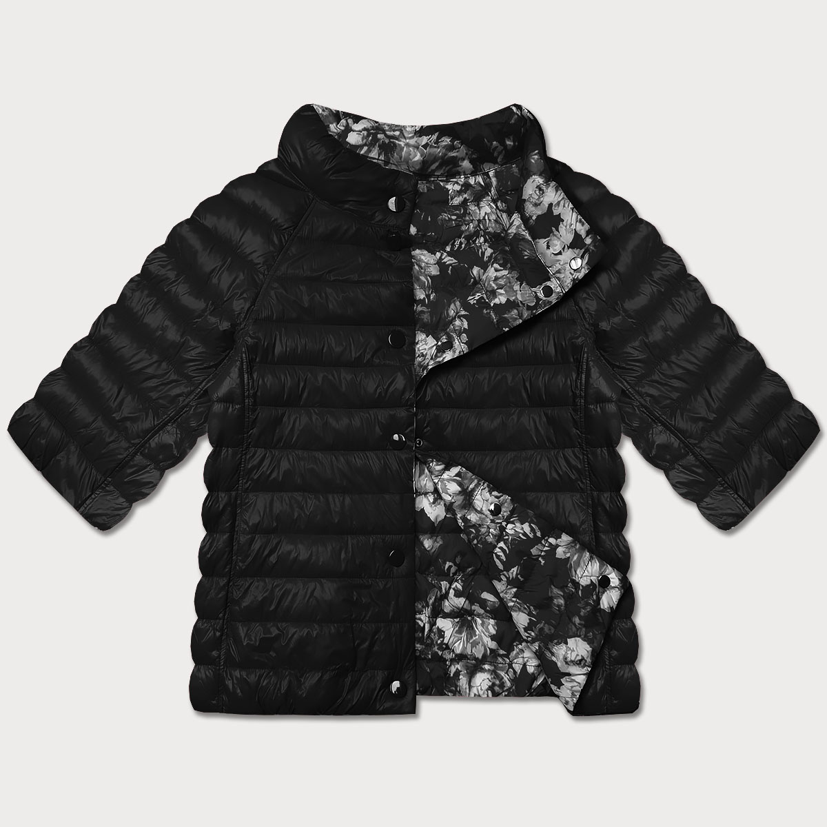 Dwustronna kurtka damska plus size z rękawem 3/4 Minority czarna/kwiaty (M23-7010-1)