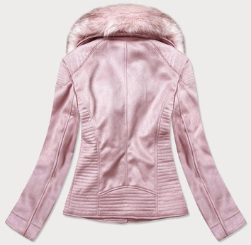 Zamszowa ramoneska damska z futerkiem pudrowy róż (6501big)