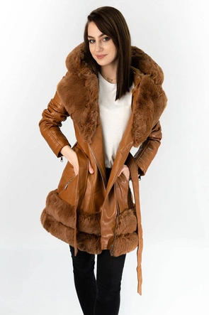 DŁUŻSZA RAMONESKA Z FUTRZANYM KAPTUREM BRĄZOWA (0583)
