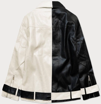 DAMSKA KURTKA Z EKOSKÓRY OVERSIZE CZARNA-ECRU (728ART)