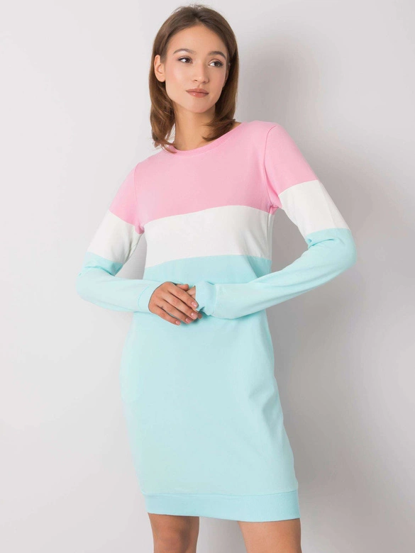 Trójkolorowa długa bluza damska z kieszeniami róż/ecru/mięta (5869)