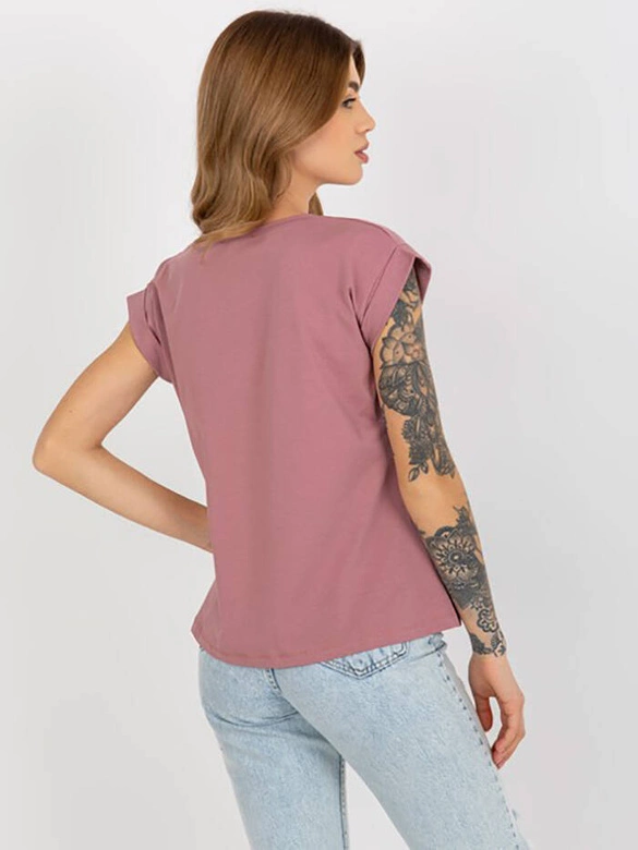 Bawełniany t-shirt z podwijanymi rękawkami Feel Good brudny różowy (4833-35)