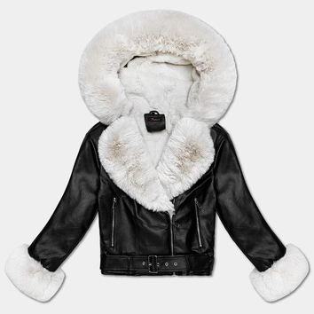 Damska ramoneska z futrzanym kapturem czarna/ecru (61M8506-392B)