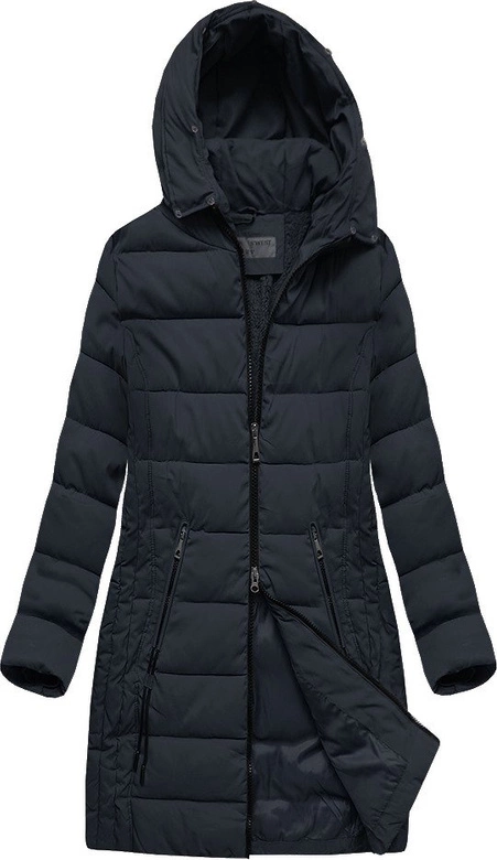 DŁUŻSZA PIKOWANA DAMSKA KURTKA ZIMOWA Z KAPTUREM GRANATOWA (B9502)