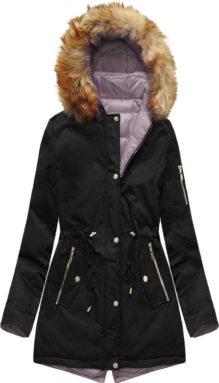 DWUSTRONNA ZIMOWA PARKA DAMSKA Z KAPTUREM CZARNO-RÓŻOWA (B2636)