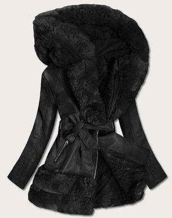 DŁUŻSZA RAMONESKA Z FUTRZANYM KAPTUREM CZARNA (0583)