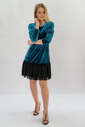 WELUROWA SUKIENKA Z FALBANĄ TURKUSOWA (486ART)