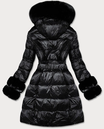 Kurtka zimowa damska z ozdobnym futrem czarna (7729BIG)
