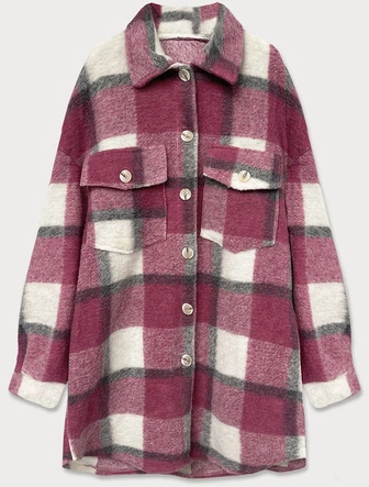 KOSZULOWY PŁASZCZ DAMSKI KRATA CIEMNO-RÓŻOWY (2431)