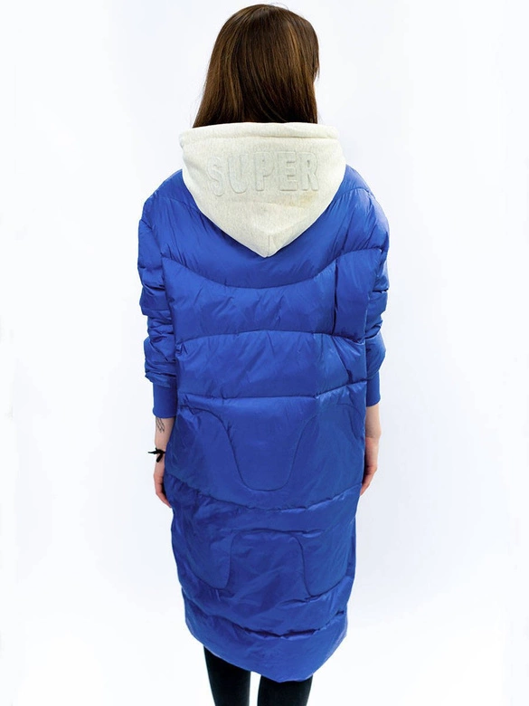ZIMOWY PŁASZCZ DAMSKI OVERSIZE Z PUCHEM NATURALNYM NIEBIESKI (17127)