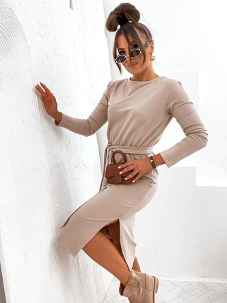 Sukienka midi z paskiem beżowa (773)