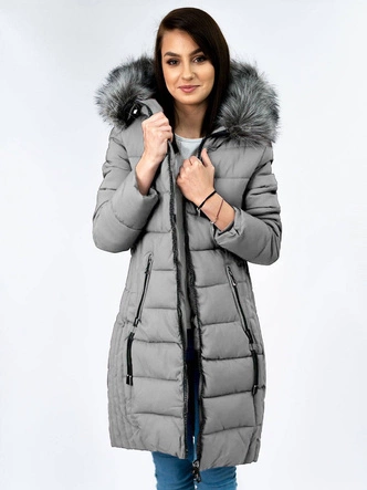 PIKOWANA DAMSKA ZIMOWA KURTKA Z KAPTUREM SZARA (B9501)