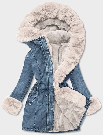 Damska kurtka jeansowa na futrzanej podszewce niebieski-ecru (B8068-50046)