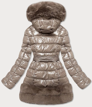 Pikowana kurtka zimowa damska obszyta futrem beżowa (1209)