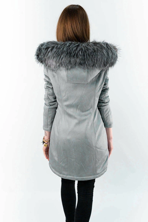 ZAMSZOWA DAMSKA KURTKA ZIMOWA Z KAPTUREM SZARA (6516)