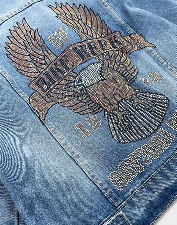 Damska kurtka jeansowa z cekinami niebieska (ff-61)