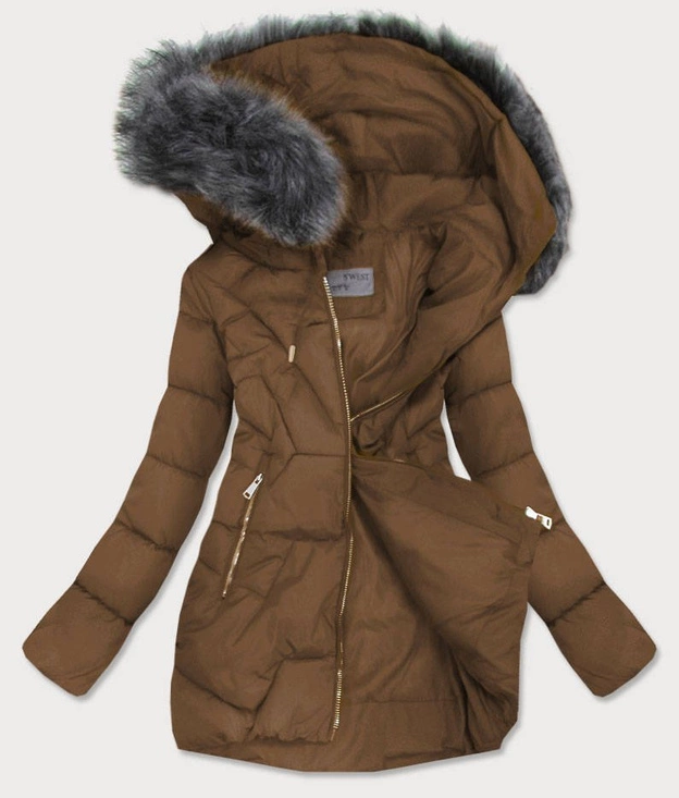 PIKOWANA KURTKA DAMSKA ZIMOWA BRĄZOWA (B9527)