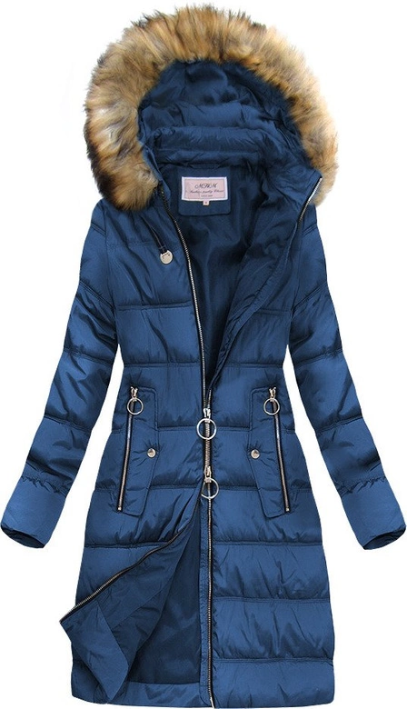 PIKOWANA KURTKA DAMSKA ZIMOWA Z KAPTUREM CIEMNONIEBIESKA (W701)