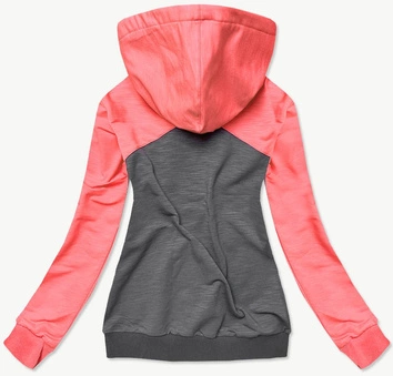 BAWEŁNIANA BLUZA DAMSKA Z KAPTUREM ŁOSOSIOWO-GRAFITOWA (57909)