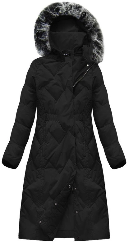 ZIMOWY PŁASZCZ DAMSKI Z KAPTUREM I PUCHEM NATURALNYM CZARNY (7119)