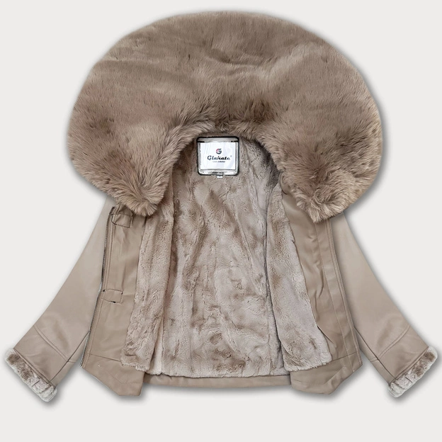 Kurtka ze skóry ekologicznej z futrzanym kołnierzem Glakate beżowa (LU98091#)