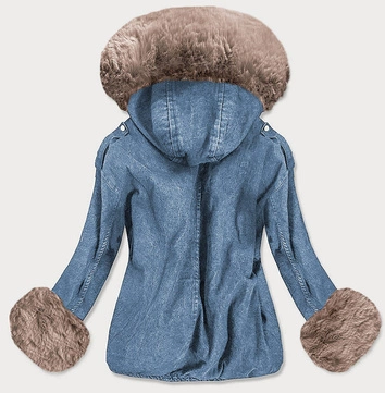 DAMSKA KURTKA JEANSOWA Z FUTRZANĄ PODPINKĄ NIEBIESKO - BEŻOWA (9023#)