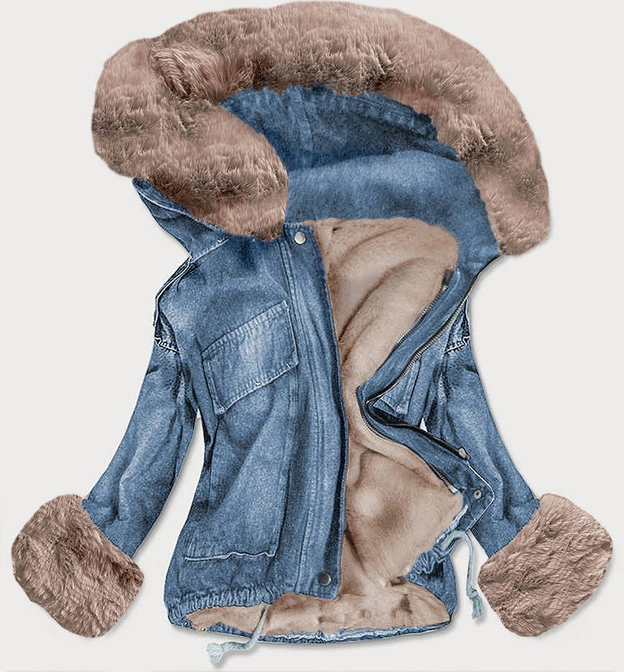 DAMSKA KURTKA JEANSOWA Z FUTRZANĄ PODPINKĄ NIEBIESKO - BEŻOWA (9023#)