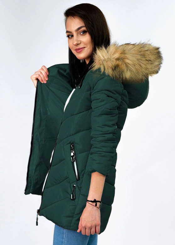 ZIMOWA PIKOWANA KURTKA DAMSKA Z KAPTUREM CIEMNOZIELONA (B2633)
