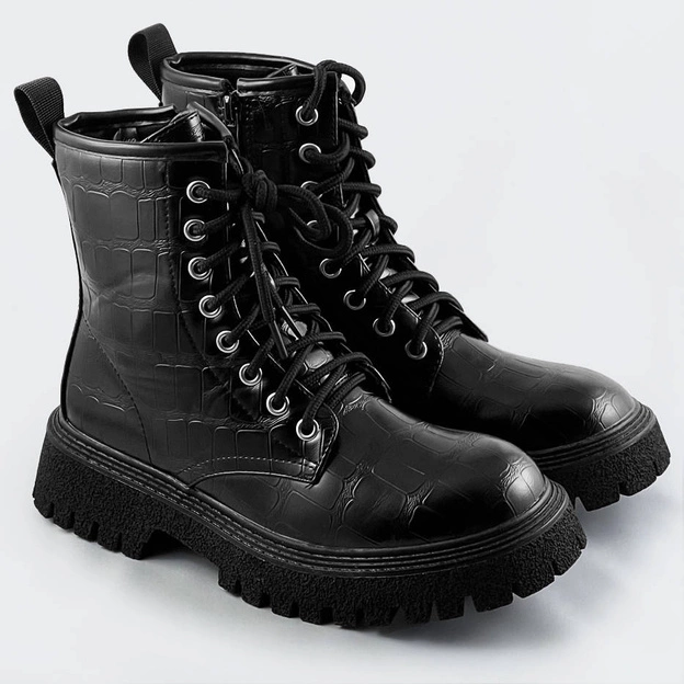Damskie sznurowane botki krokodyl czarne (a9897)