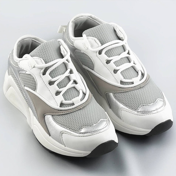 Sznurowane sneakersy z kolorowymi wstawkami biało-szare (6346)