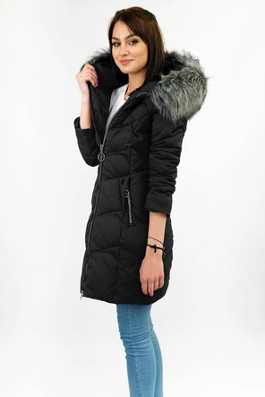 DŁUŻSZA PIKOWANA DAMSKA KURTKA ZIMOWA Z KAPTUREM CZARNA (B2643)