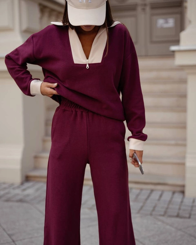 Bluza ze stójką i szerokie spodnie z kieszeniami bordo (VE107)